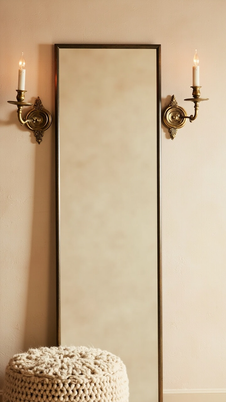 Two curved antique brass candle sconces frame a vertical rectangular mirror over a faintly textured sand-colored wall. Beneath is a chunky wool pouf.