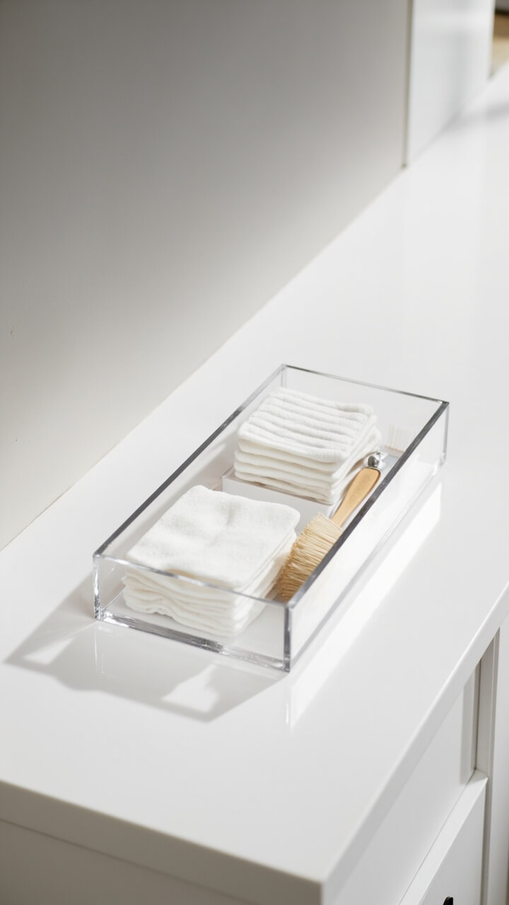A seamless white stone countertop holds a rectangular clear acrylic box with three compartments: one for cotton pads, one for a wooden hairbrush, one for a white toothbrush. The counter is entirely clutter-free otherwise.