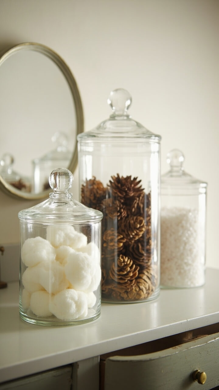 Three glass apothecary jars sit in a row on the vanity. One is filled with white cotton rounds. One is filled with mini pinecones. One is filled with Epsom salt. A pale wall and simple backsplash keep the background quiet.