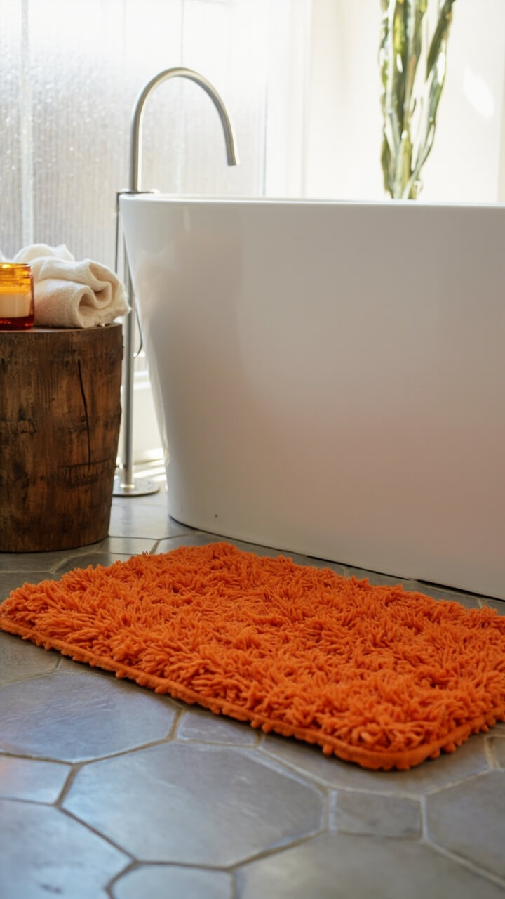 A soft, pumpkin-orange tufted bath mat lays centered in front of a white porcelain bathtub. The mat’s thick texture stands out on gray hexagon tile flooring. To the left, a wooden stool holds a folded cream bath towel and a small amber glass jar candle. Natural light filters in from a frosted window, highlighting the warmth of the orange against a neutral bathroom backdrop.