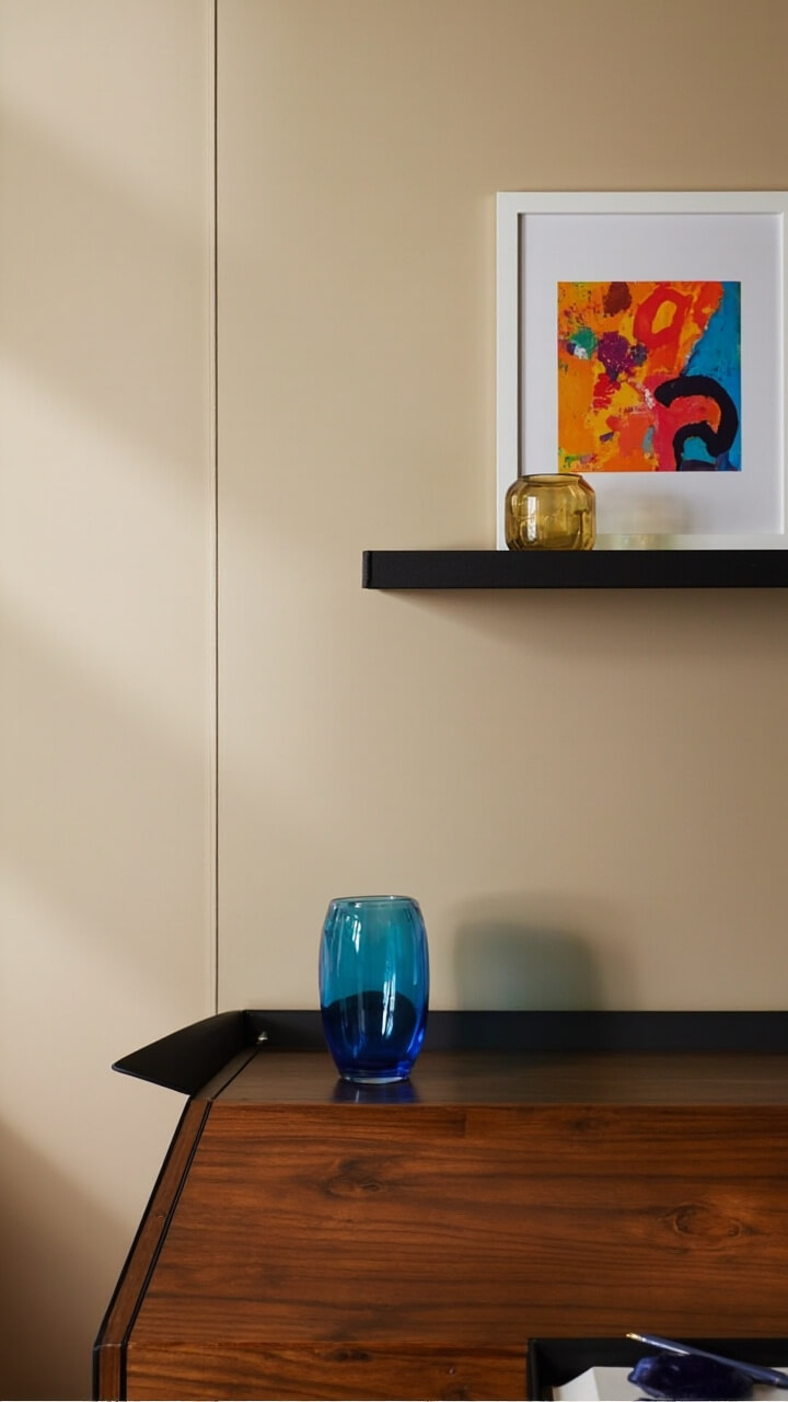 A black metal narrow shelf sits on a muted beige wall above a walnut writing desk. It holds a single bold abstract print and two colored glass bud vases (amber and cobalt blue).
