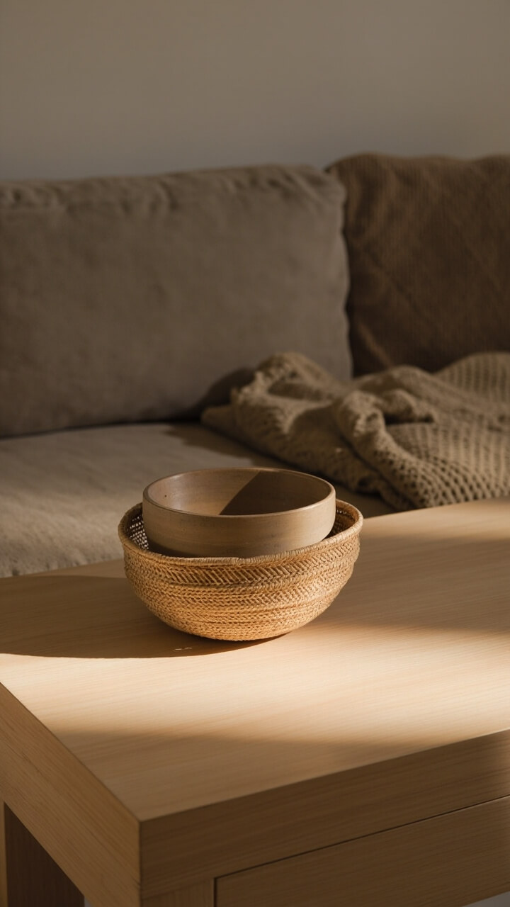 A pebbled taupe sofa faces a light ash wood sofa table. On the center, a wide stoneware bowl sits slightly off to one side, with a tightly woven rattan basket next to it. A folded oatmeal throw is rolled and tucked toward the far end.