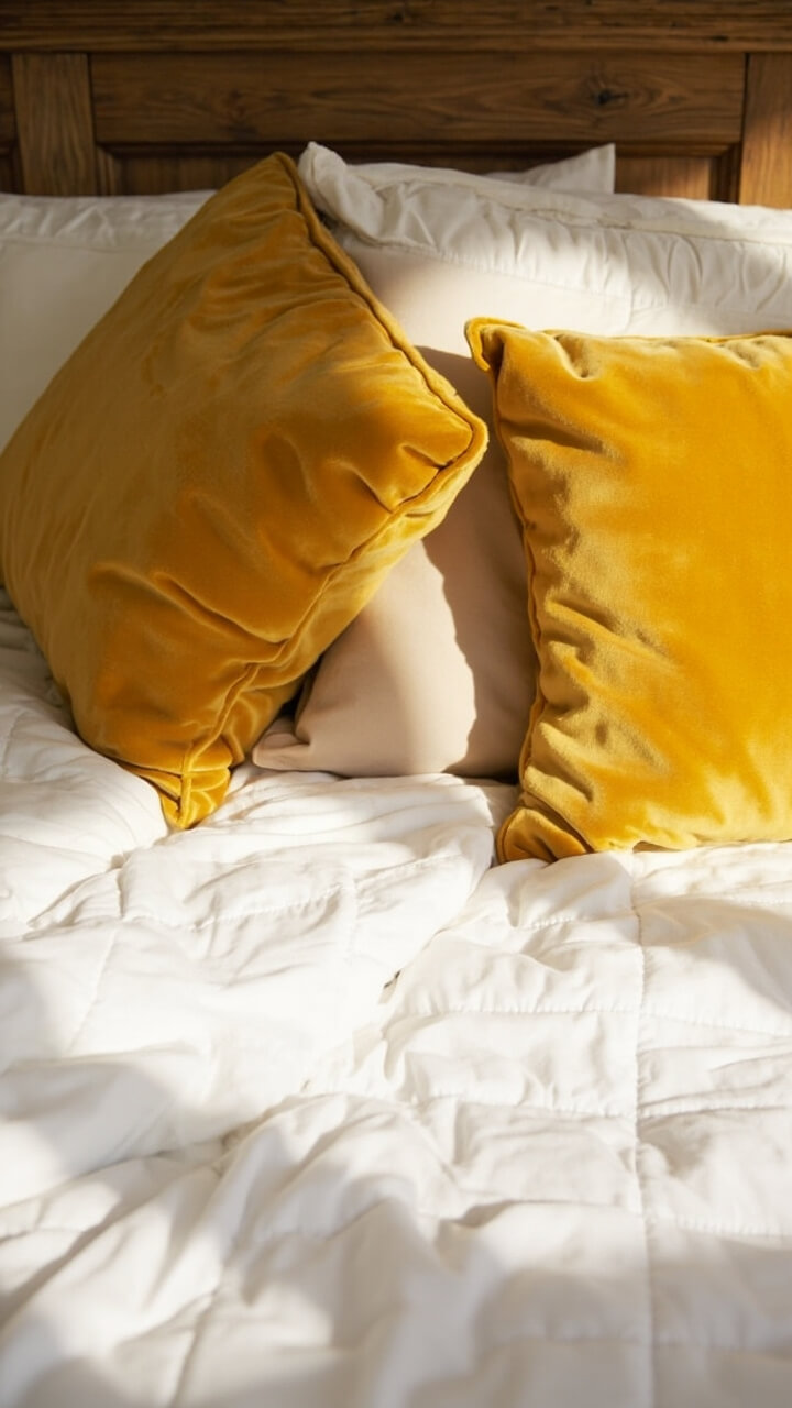 A plush white comforter on the bed, two prominent mustard yellow velvet throw pillows at the front, a single beige lumbar pillow, and a rustic oak headboard as a backdrop.