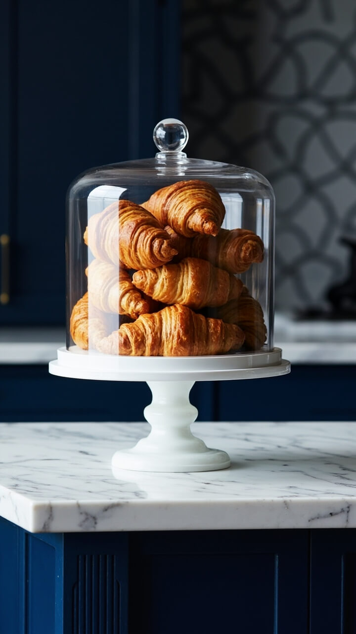 A clear glass cloche covers a stack of golden brown croissants on a round white cake stand. The stand is centered on a navy blue island with a veined white marble countertop.