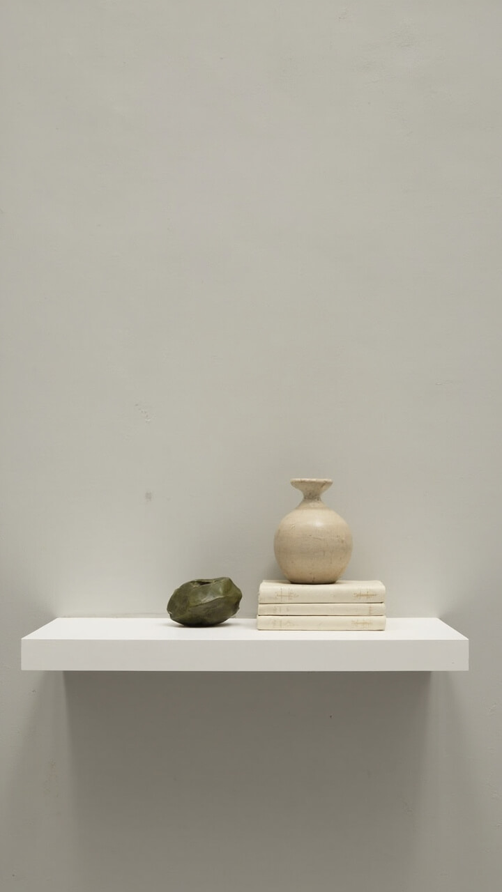 A matte white floating platform shelf sits just ten inches above the floor against a muted grey wall. On top: a round beige vase, one small olive green sculpture, and two stacked cream linen-bound books.