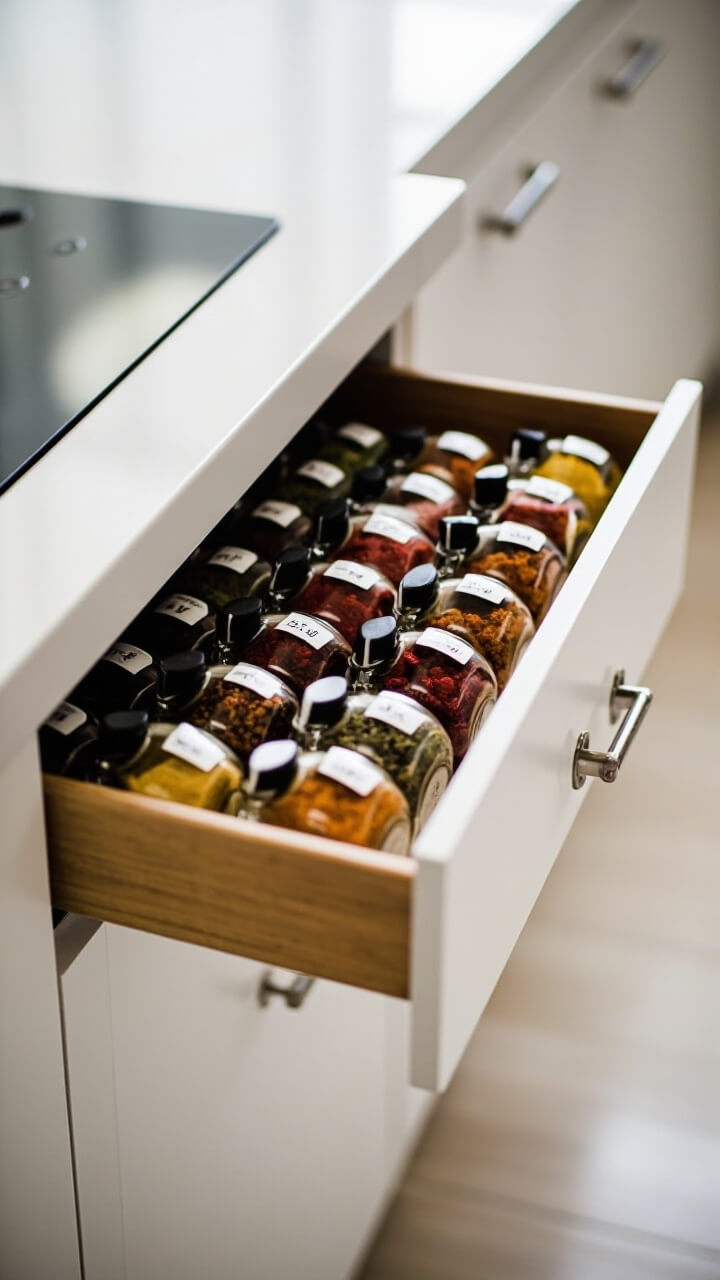A soft maple drawer pulls out to reveal twenty small clear glass spice jars in a neat diagonal grid, each capped in black with white label lettering. The drawer sits within a wall of matte white cabinetry, just beside a simple ceramic stovetop.
