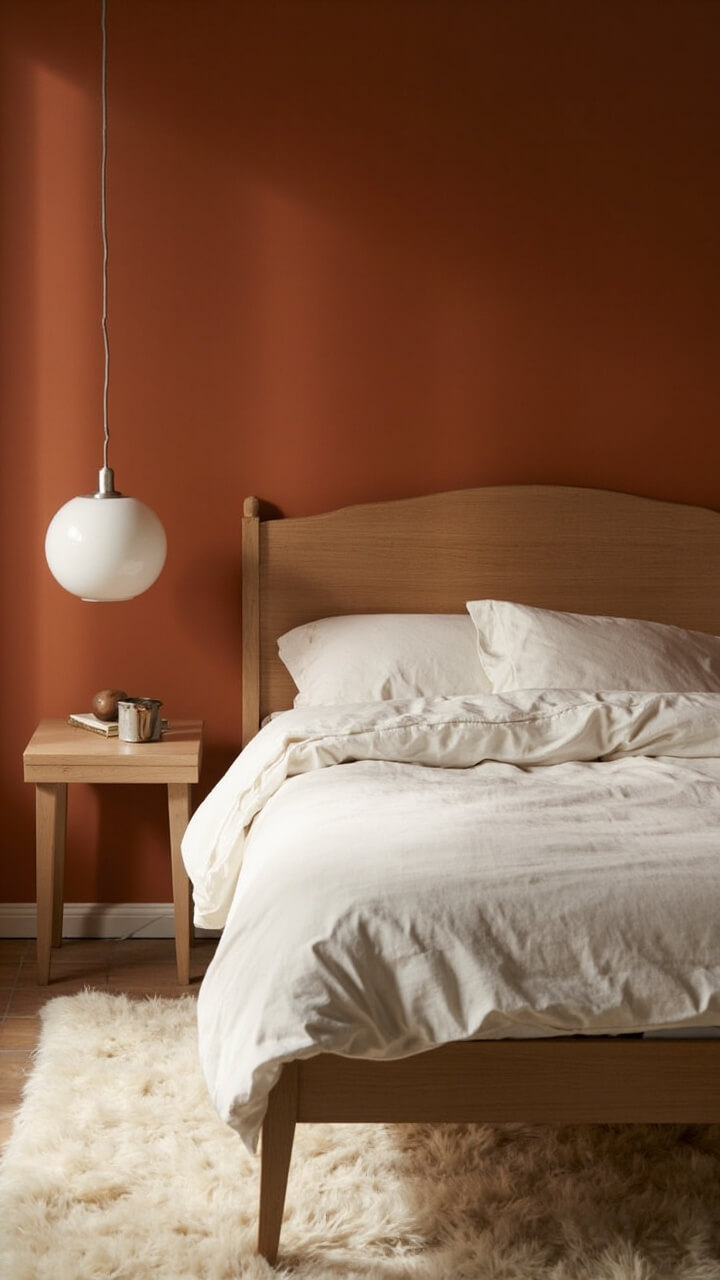 A bedroom with one terracotta-painted accent wall behind the bed. The bed is simply dressed in off-white linen, accessorized with a maple wood headboard. On both sides of the bed, slim wooden nightstands with round white globe lamps, and a cream-colored wool rug on the floor.