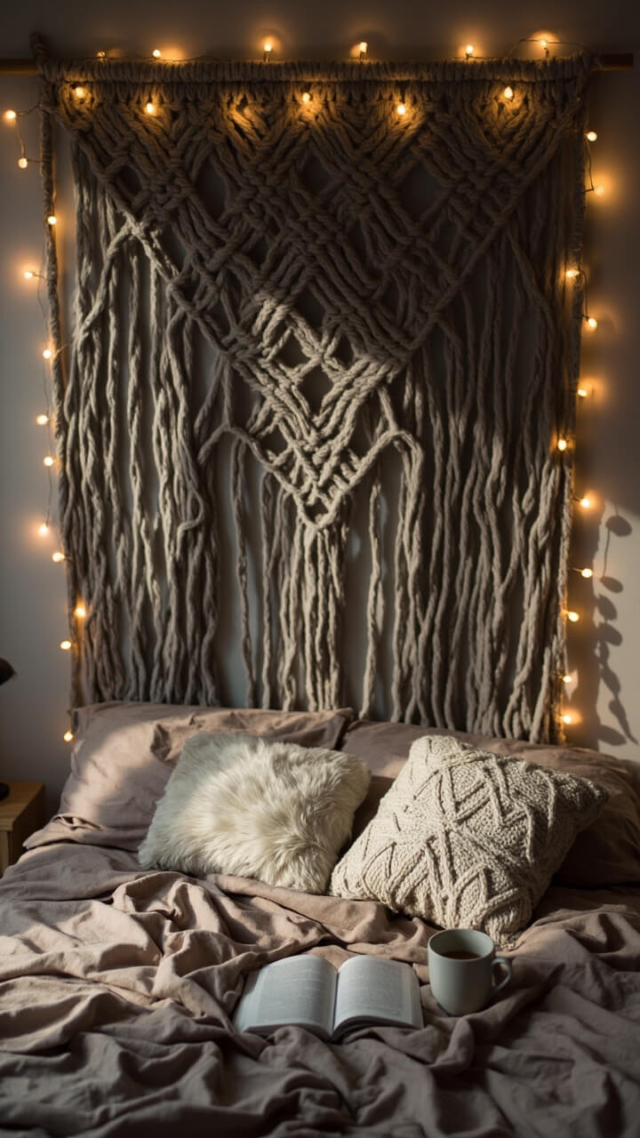 A cozy double bed is flanked by a textured gray macrame hanging above it, with warm white fairy lights woven through. The bedding is soft taupe with a chunky cream knit pillow. On the nightstand: an open book and a mug of tea.