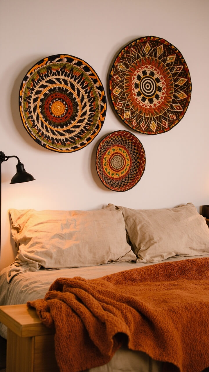 A trio of handwoven African baskets are displayed above a bed with sand-colored sheets and a burnt orange woven throw. A natural wood bench sits at the foot of the bed. There’s a single sconce on the wall for reading.