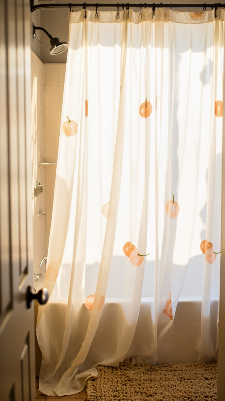 A soft white and pale beige shower curtain decorated with light orange and blush watercolor pumpkins hangs from matte black hooks. The shower rod is a sleek matte black, and the floor mat underneath is a chunky beige knit. The room is lit by natural window light.