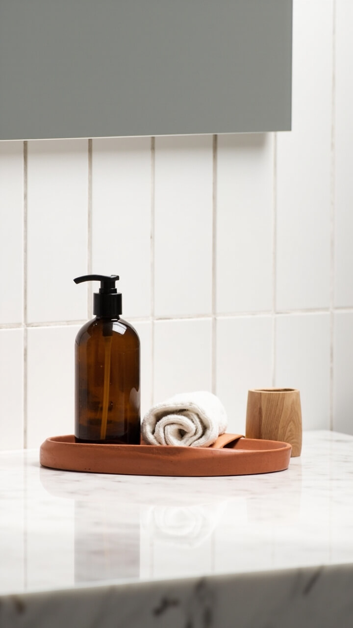 A single amber glass pump bottle sits on a white quartz vanity beside a narrow ceramic tray. A soft rust hand towel is neatly folded on the tray. A small teak toothbrush cup rests to the side. White subway tile rises behind the vanity with a frameless mirror above.