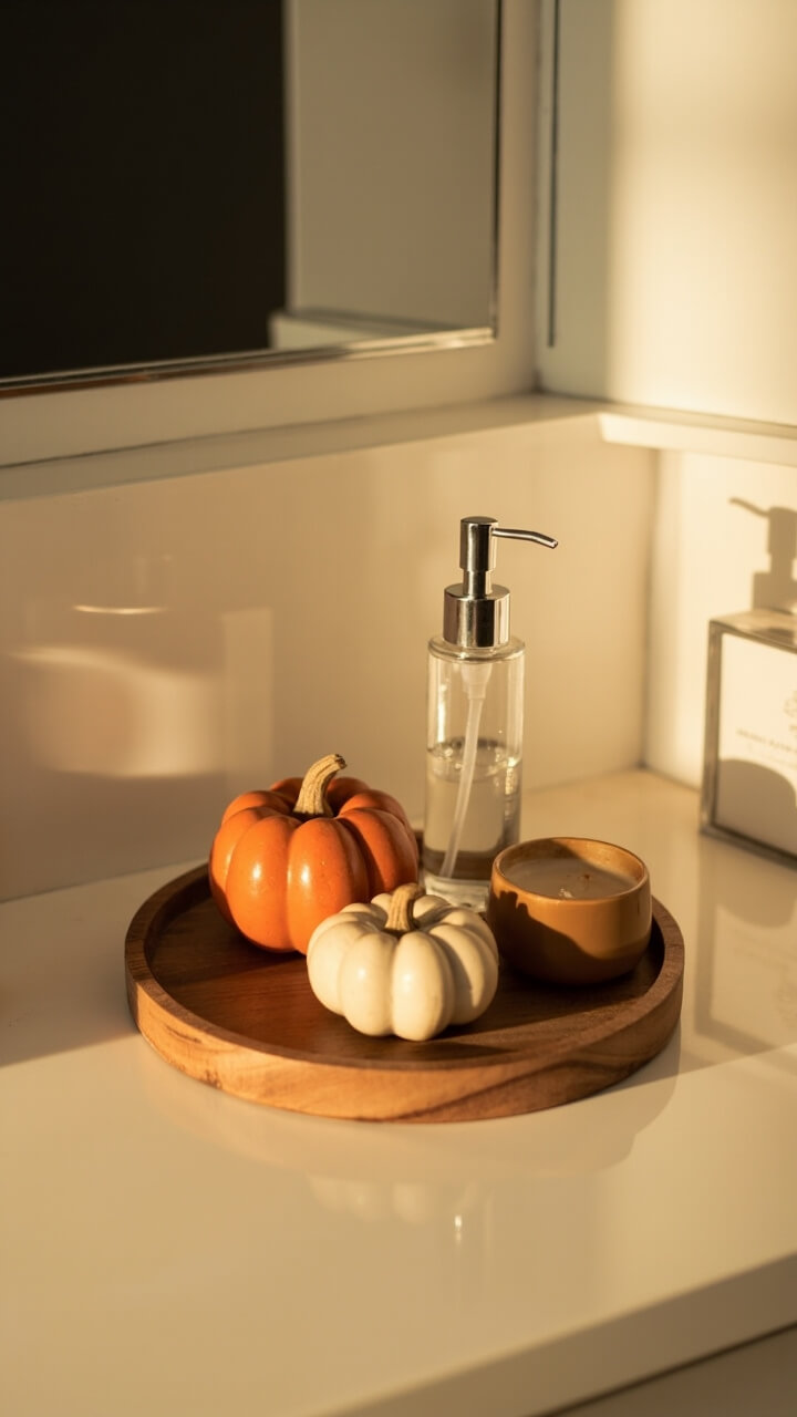 A round brown wooden tray on the bathroom countertop holds two matte ceramic mini pumpkins (one orange, one white), a clear pump bottle, and a tan glass candle. All sit in front of a rectangular frameless mirror.