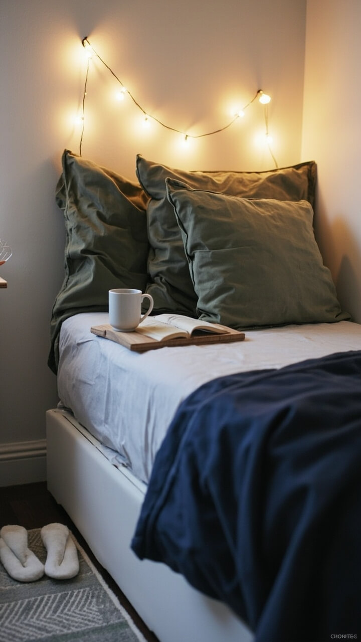 A dorm twin bed pushed sideways against a wall, with a light gray fitted sheet, dark navy comforter tightly tucked in, and three oversized sage green backrest pillows along the wall. There’s a tray with a mug and book at one end. A single string of fairy lights runs along the headboard, and a pair of white slippers rest neatly on a nearby striped rug.