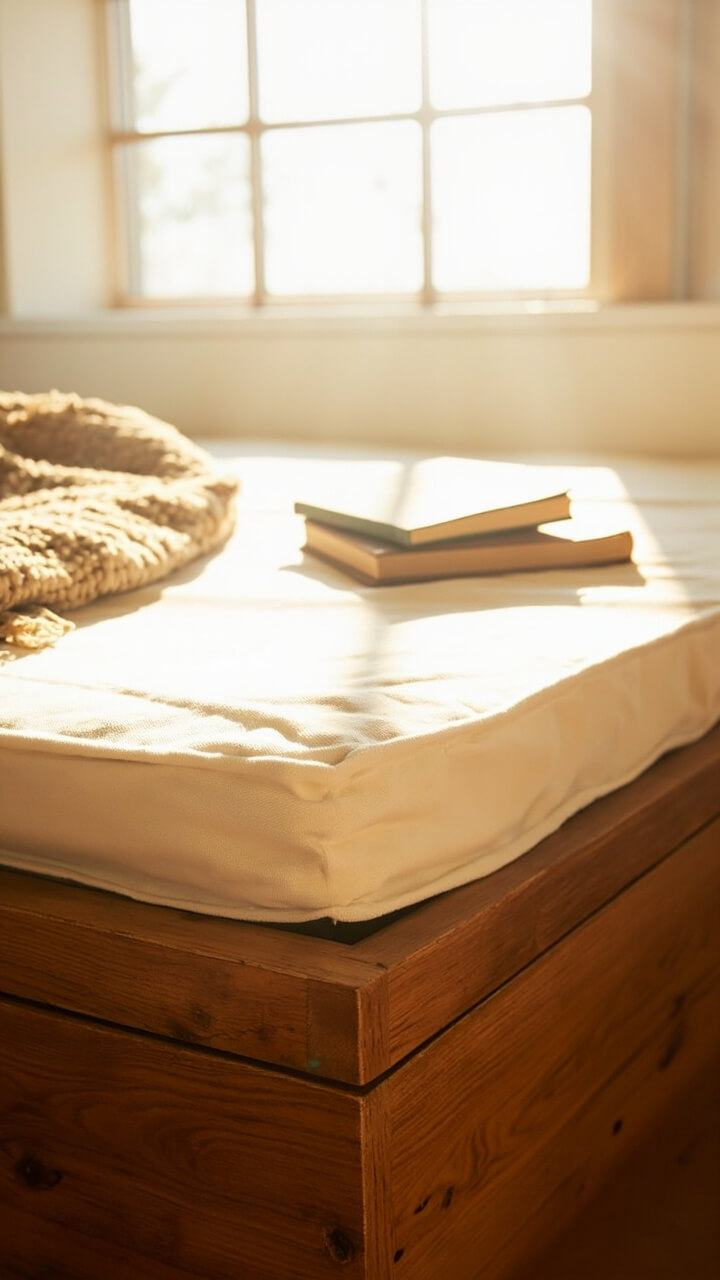 An oak platform daybed with an off-white canvas mattress sits under a tall window. At the foot is a folded tan knit throw and a chunky book. Light pours over the natural wood grain.