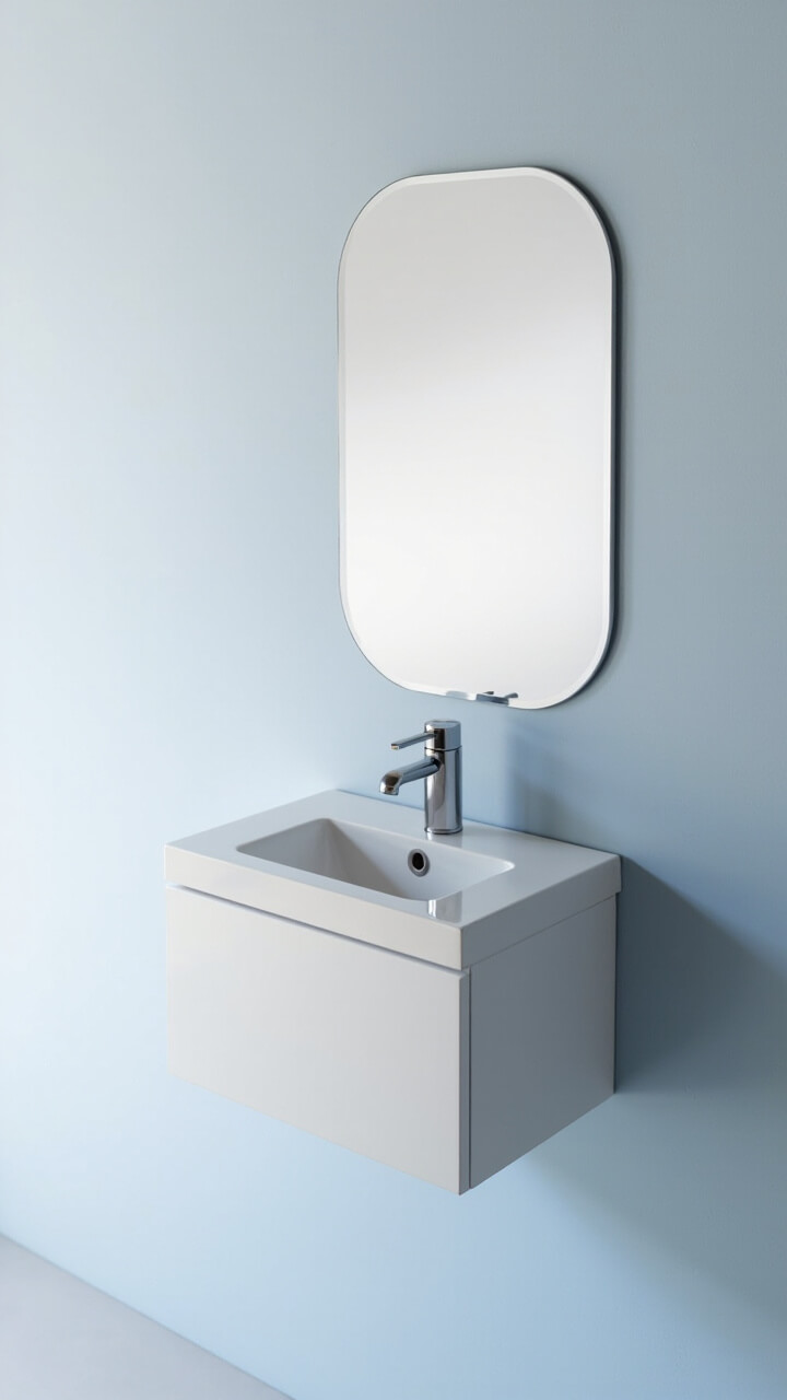 Tiny matte white wall-mounted vanity (16-inch wide) with petite white rectangular sink, minimalist silver faucet, mini frameless oval mirror, pale blue-gray wall.