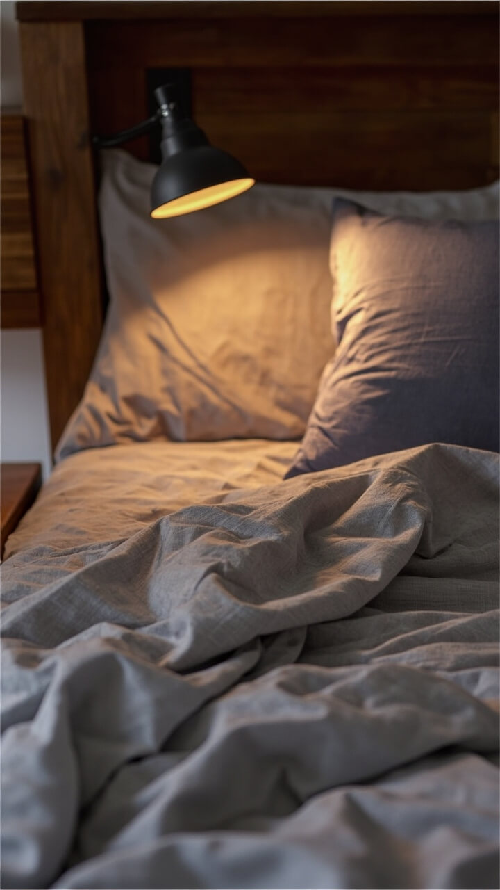 A bed with heathered grey and white plaid flannel sheets, a light grey cotton comforter, one charcoal euro pillow, and a small black reading light clipped on the headboard.