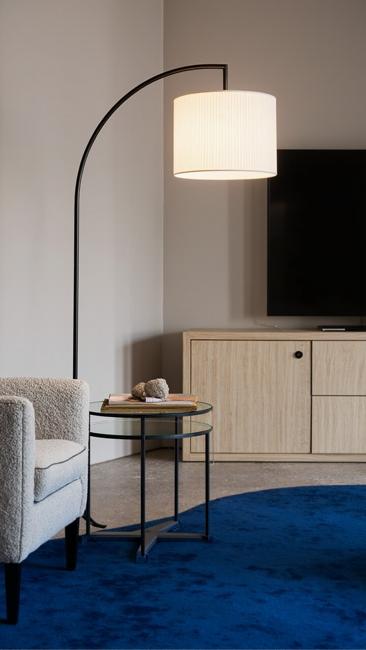 A matte black arched metal floor lamp rises gracefully over a boucle club chair, with a white ribbed drum shade diffusing soft light. Next to the chair, a round glass side table sits atop a low-pile sapphire blue rug, and a light oak media console lines the opposite wall.