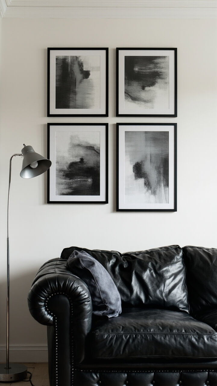 A cloud-soft black sofa with a gallery wall above it, featuring five black frames in different sizes holding abstract charcoal gray and silver prints. There’s a slim silver floor lamp at one end, keeping it simple.