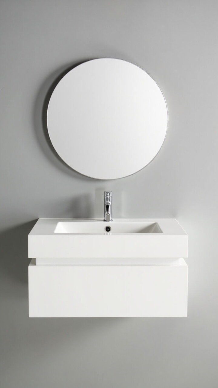 Matte white floating vanity with integrated finger-groove pulls, glossy ultra-thin white countertop, small chrome faucet, rounded rectangle mirror, pale gray wall.