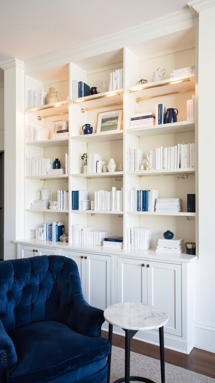 White built-in bookcases cover an entire living room wall, with slim adjustable brass picture lights mounted above each shelf column. Shelves are styled with white and blue hardcover books, simple ceramic vases, and a couple of small landscape paintings. In front, a navy tufted armchair sits beside a marble-topped side table.