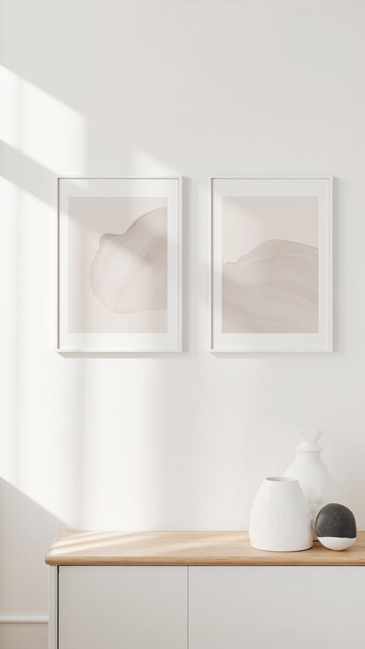 Two 24x36-inch minimalist taupe prints, each in thin white frames, are hung side by side on a chalk white wall. Below, a low white oak cabinet grounds the space.